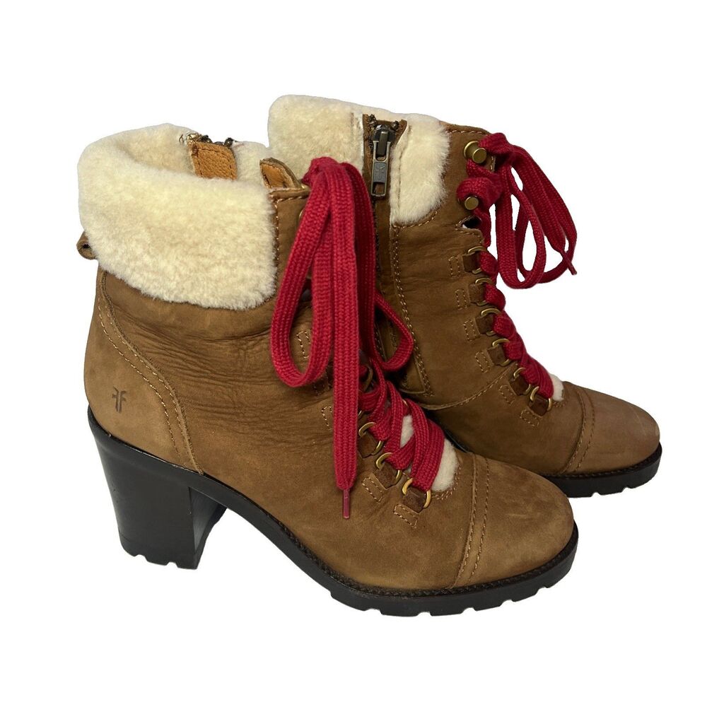FRYE Shearling Lined Tan Suede High Block Heel Hiker Boots Womens Sz 7.5 B FLAW